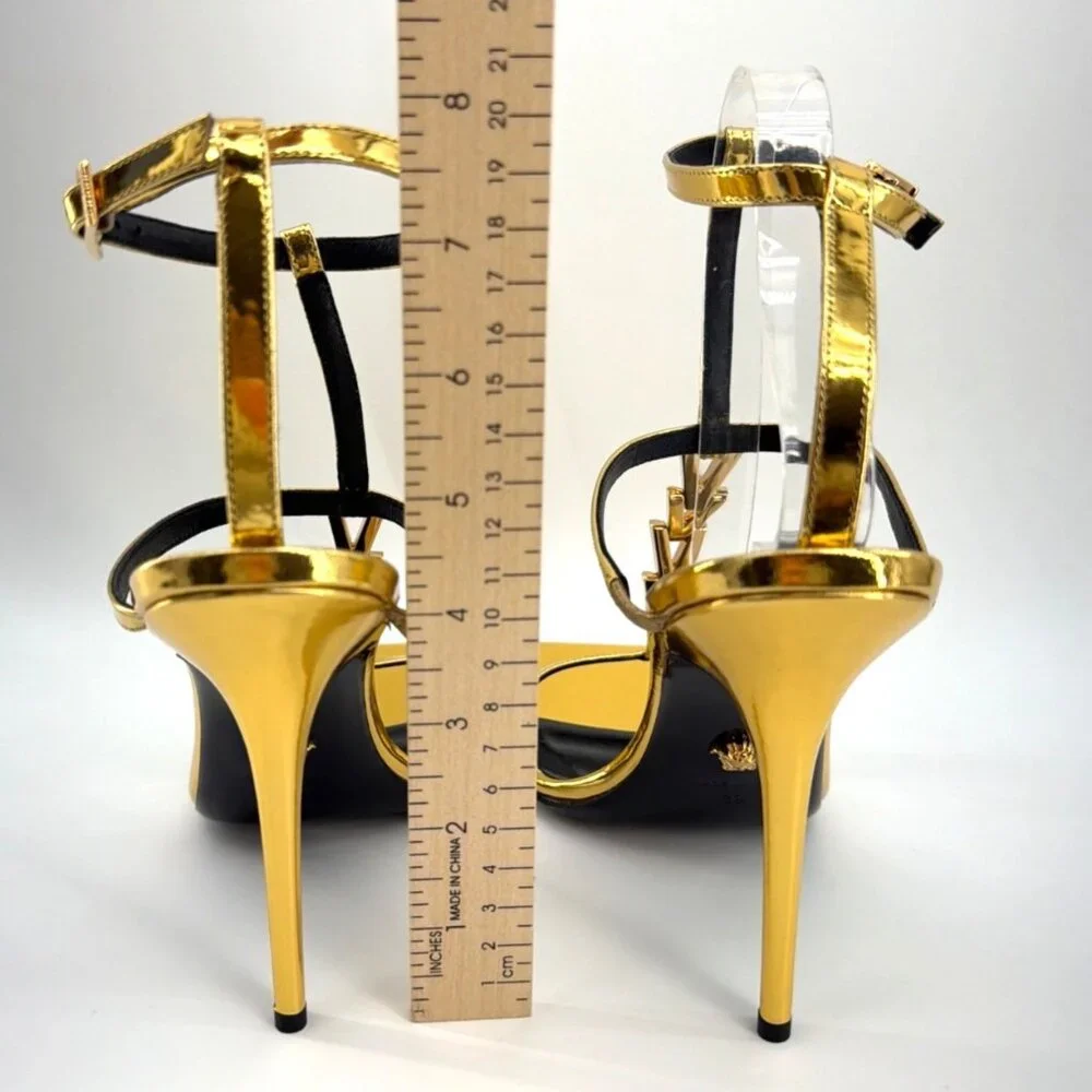 Versace V2025 Chain Metallic Leather Heels Gold 105mm Stiletto Sandals Size 39